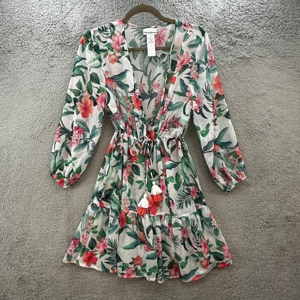 Tommy Bahama Women's XS Floral Tropical Swim Cover Up White Hibiscus Tassel